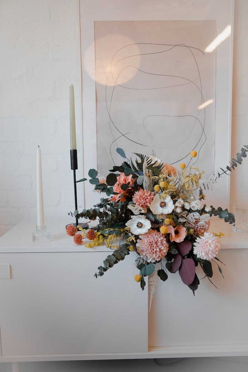 Dried eucalyptus & real touch dahlia wildflower boho bouquet / artificial white anemone spring bouquet image 8