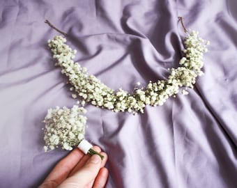 Couronne de voile d’haleine de bébé, couronne de mariage blanche bohème, couronne de fleurs rustique, couronne de fleurs séchées