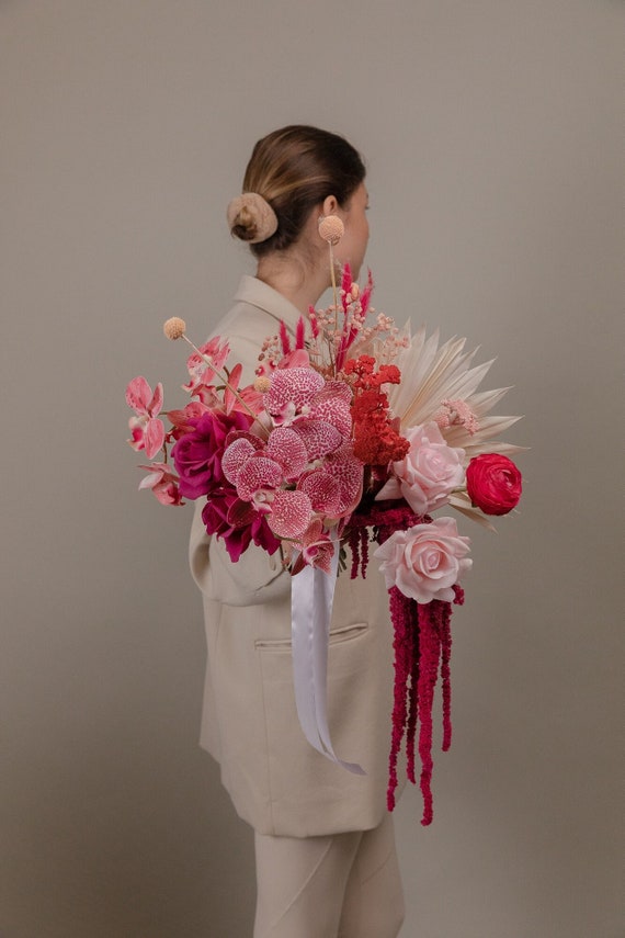 Hot Pink Real Touch Orchid Bridal Bouquet / Amaranthus Bouquet ...
