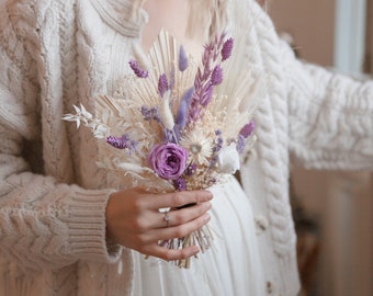 Pastel lilac & cream boho palm spear bouquet / purple dried wildflower bouquet / preserved english rose bouquet