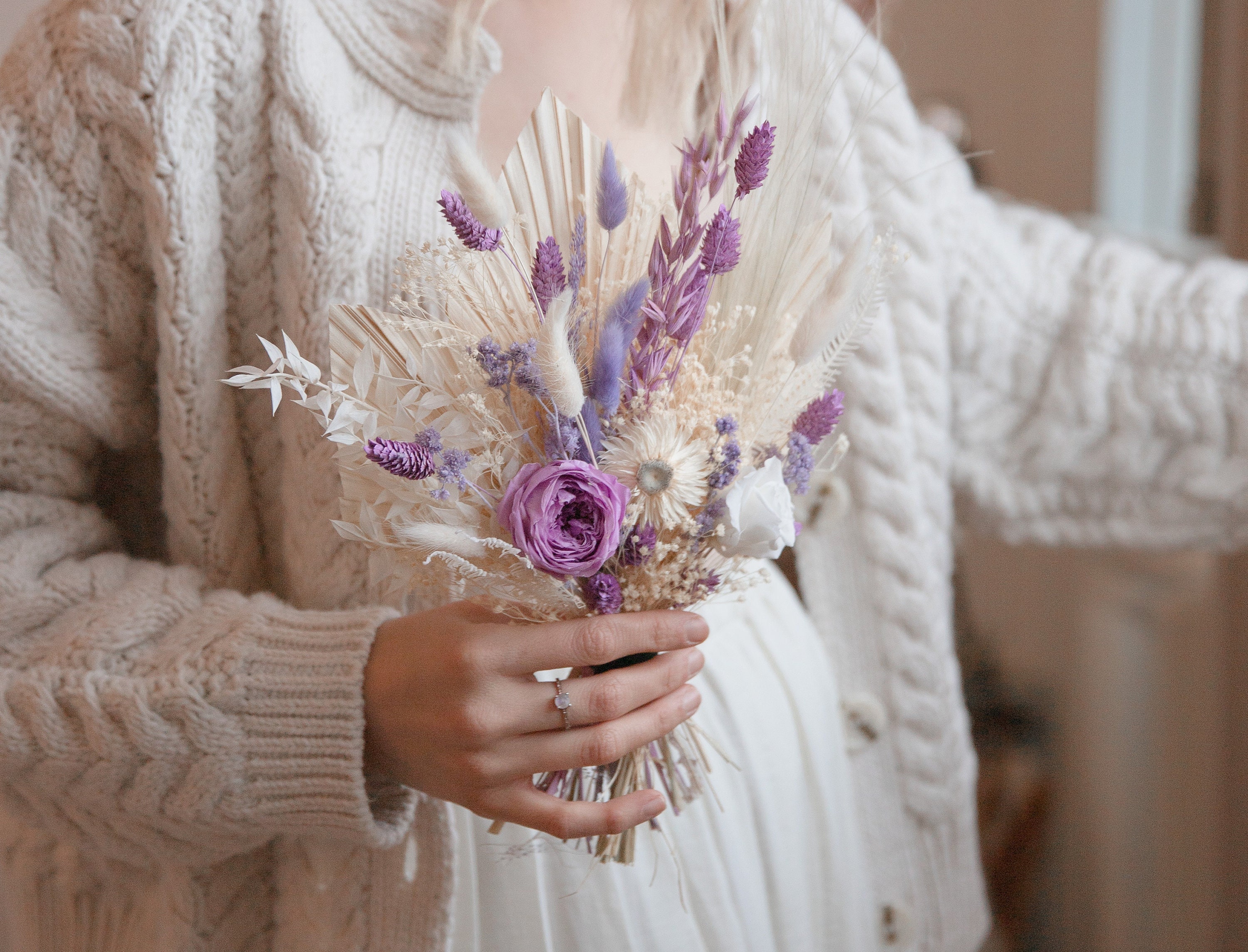 Real Touch Dahlia & Dried Daisies Wildflower Boho Bouquet / Artificial  White Anemone and Dried Eucalyptus Spring Bouquet 
