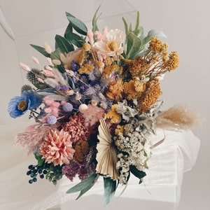 Colourful bridal bouquet | echinops thistle bouquet | dried flowers and artificial flowers mix bouquet / wildflower wedding bouquet