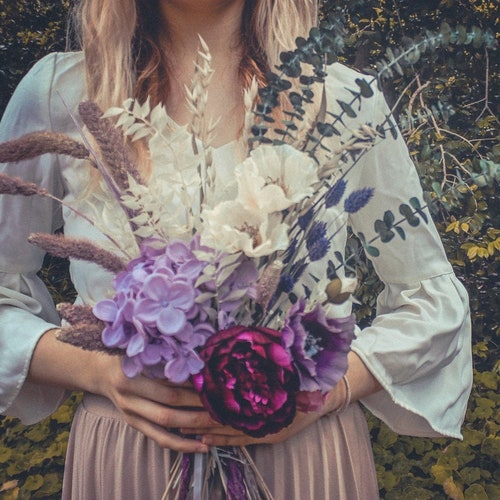 Real dried eucalyptus bouquet, ruscus and silk peonies and hydrangeas rustic bouquet