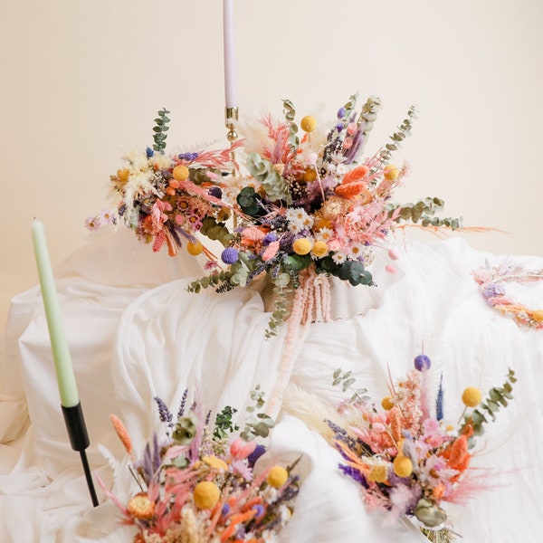 All pastel summer and spring wildflowers, dried daisies, dried craspedias, dried eucalyptus & boho bridal bouquet meadow flowers