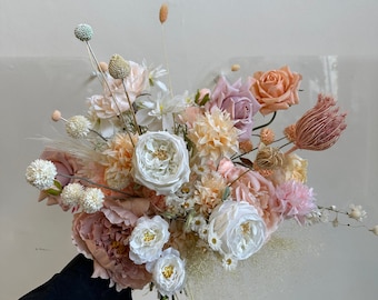 Colourful dried & artificial flowers bridal bouquet - summer white  pink