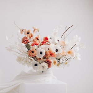 Japanese anemone artificial boho bouquet & dried lunaria honesty flowers and wild dried birch branches