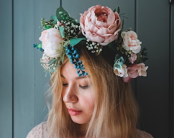 Couronne de fleurs boho rose et blanche / casque boho / couronne de festival / couronne de mariée avec gypsophiles séchées et pivoines artificielles