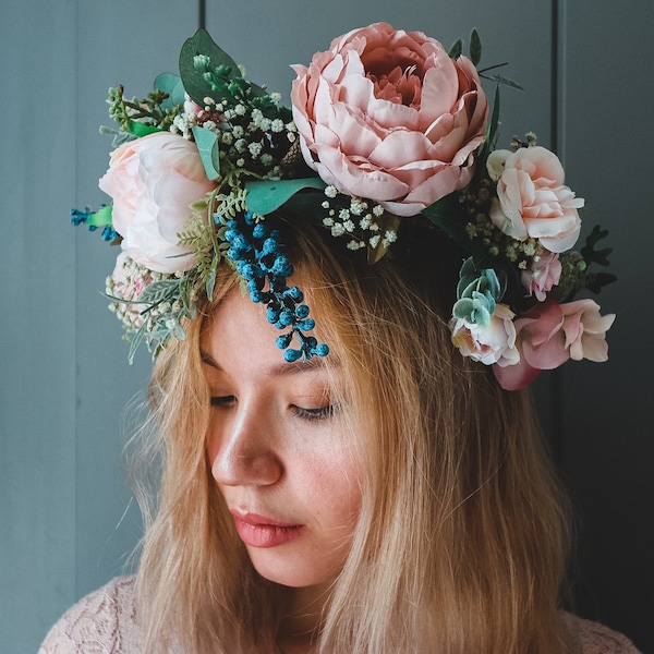 Couronne de fleurs boho rose et blanche / casque boho / couronne de festival / couronne de mariée avec gypsophiles séchées et pivoines artificielles