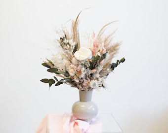 Blush pinks & preserved eucalyptus dried grasses and silk blooms bridal boho bouquet / wedding bouquet