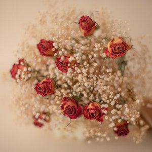 Red dried roses & baby's breath boho wedding bouquet / bridal bouquet