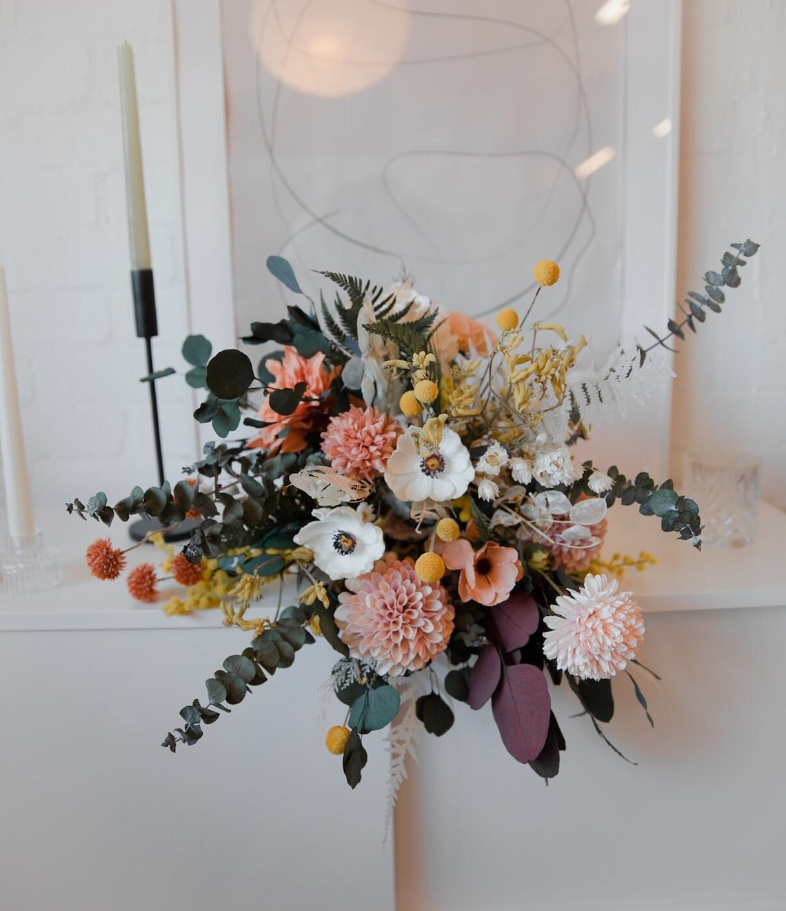 Dried eucalyptus & real touch dahlia wildflower boho bouquet / image 1