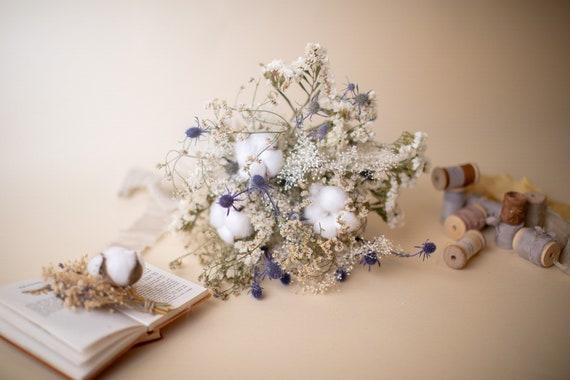 Royal blue Dried flower winter thistle bouquet golden wedding