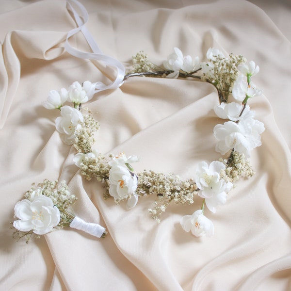 Baby’s Breath & Cherry Blossom Crown, BOHO WEDDING FLOWER Crown, Cherry Blossoms Hair Accessory, White Wedding, Rustic Crown, Hair Crown