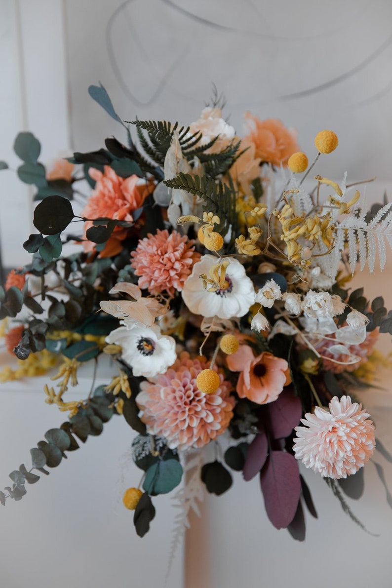 Dried eucalyptus & real touch dahlia wildflower boho bouquet / artificial white anemone spring bouquet image 7
