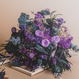 Lilac eternal roses & preserved eucalyptus wildflower bridal bouquet / purple globe scottish thistles bouquet / boho bride
