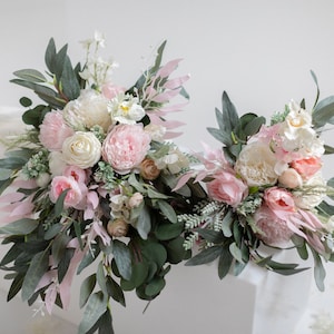 Cascade wedding bouquet cream & pink, cascading bridal bouquet, pink wedding bouquet, artificial eucalyptus bouquet