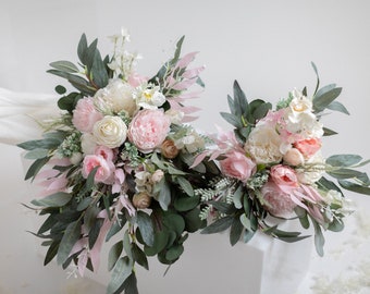 Cascade wedding bouquet cream & pink, cascading bridal bouquet, pink wedding bouquet, artificial eucalyptus bouquet