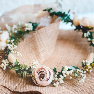 Whimsical Ivy Bridal Crown with Cream Peonies & Gypsohila (Baby's Breath) -Wedding Crown