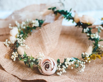 Whimsical Ivy Bridal Crown with Cream Peonies & Gypsohila (Baby's Breath) -Wedding Crown