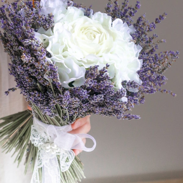 Bouquet de mariée fleurs séchées et artificielles - lavande violet blanc