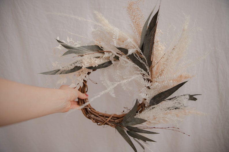 Christmas decor / white pampas grass and eucalyptus door wreath christmas decoration / christmas wreath / boho christmas image 7