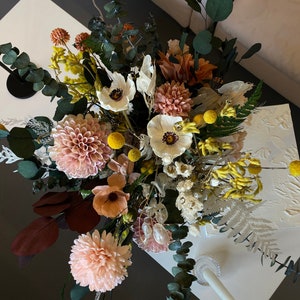 Dried eucalyptus & real touch dahlia wildflower boho bouquet / artificial white anemone spring bouquet image 4