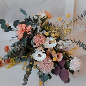 Dried eucalyptus & real touch dahlia wildflower boho bouquet / artificial white anemone spring bouquet image 2