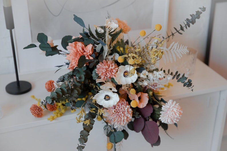 Dried eucalyptus & real touch dahlia wildflower boho bouquet / artificial white anemone spring bouquet image 2