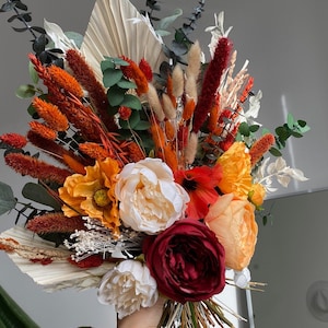 Burnt orange wedding bouquet / eucalyptus & palm spear autumn bridal bouquet