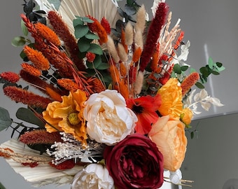 Burnt orange wedding bouquet / eucalyptus & palm spear autumn bridal bouquet