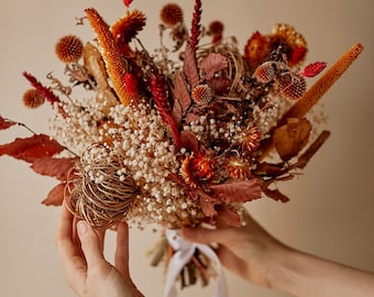 Autumn terracota bridal bouquet / burnt orange preserved flowers & dried baby's breath flowers /