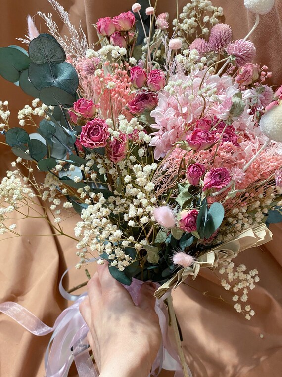Ramo de novia de coloridas flores secas rubor rosa y verde - Etsy España