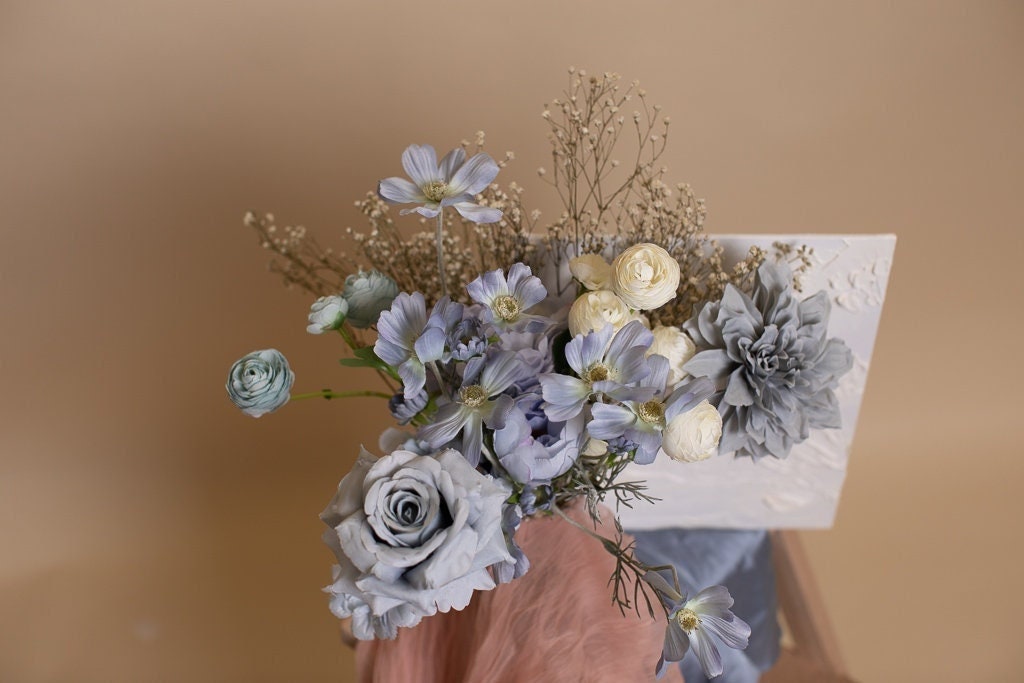 Blue and White Dried Flowers Bouquet, Blue Wedding Bouquet, Wedding Flowers  , Natural Floral Arrangement , Rustic Flower Bouquet , 