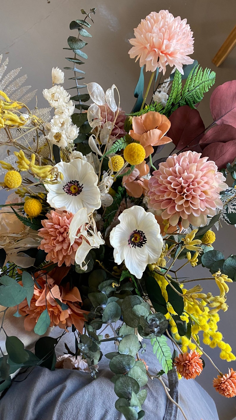 Dried eucalyptus & real touch dahlia wildflower boho bouquet / artificial white anemone spring bouquet image 5