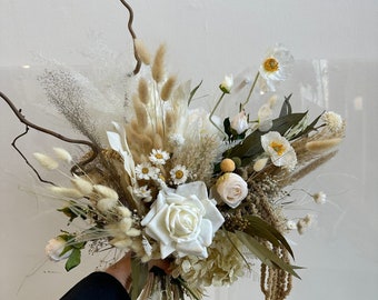Dried & artificial flowers bridal bouquet - earthy cream  white