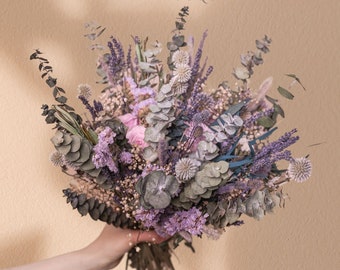 Dried pale eucalyptus, scottish globe thistles & lilac eternal roses wildflower bridal bouquet / lilac wedding bouquet / purple wedding