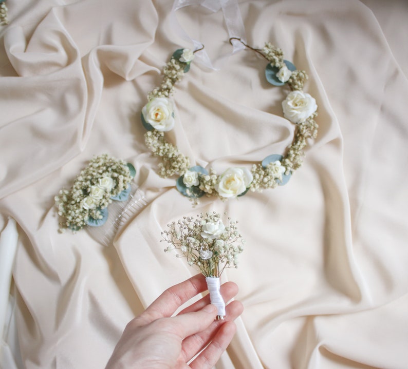 Baby's Breath & Eucalyptus Flower Crown Bridal Set Etsy
