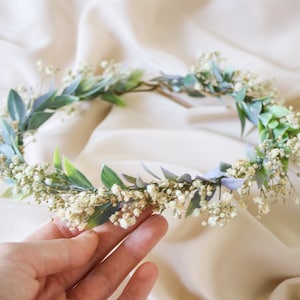 Boho flower wreath, baby's breath flower crown, woodland flower crown, rustic forest herbs, boxwood wedding crown, bride crown, green crown image 1