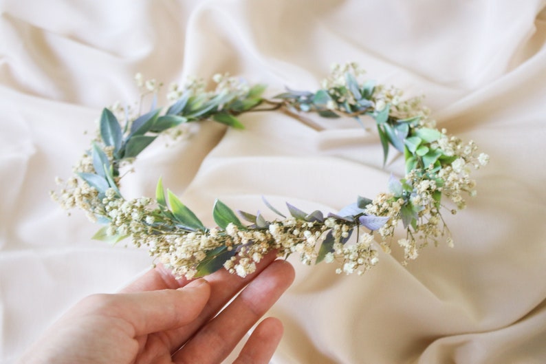 Boho flower wreath, baby's breath flower crown, woodland flower crown, rustic forest herbs, boxwood wedding crown, bride crown, green crown image 1