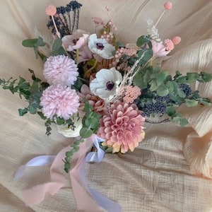 Pink dahlias & dried eucalyptus wildflower boho bouquet / black eyed white anemone boho bouquet / spring bouquet / summer bouquet