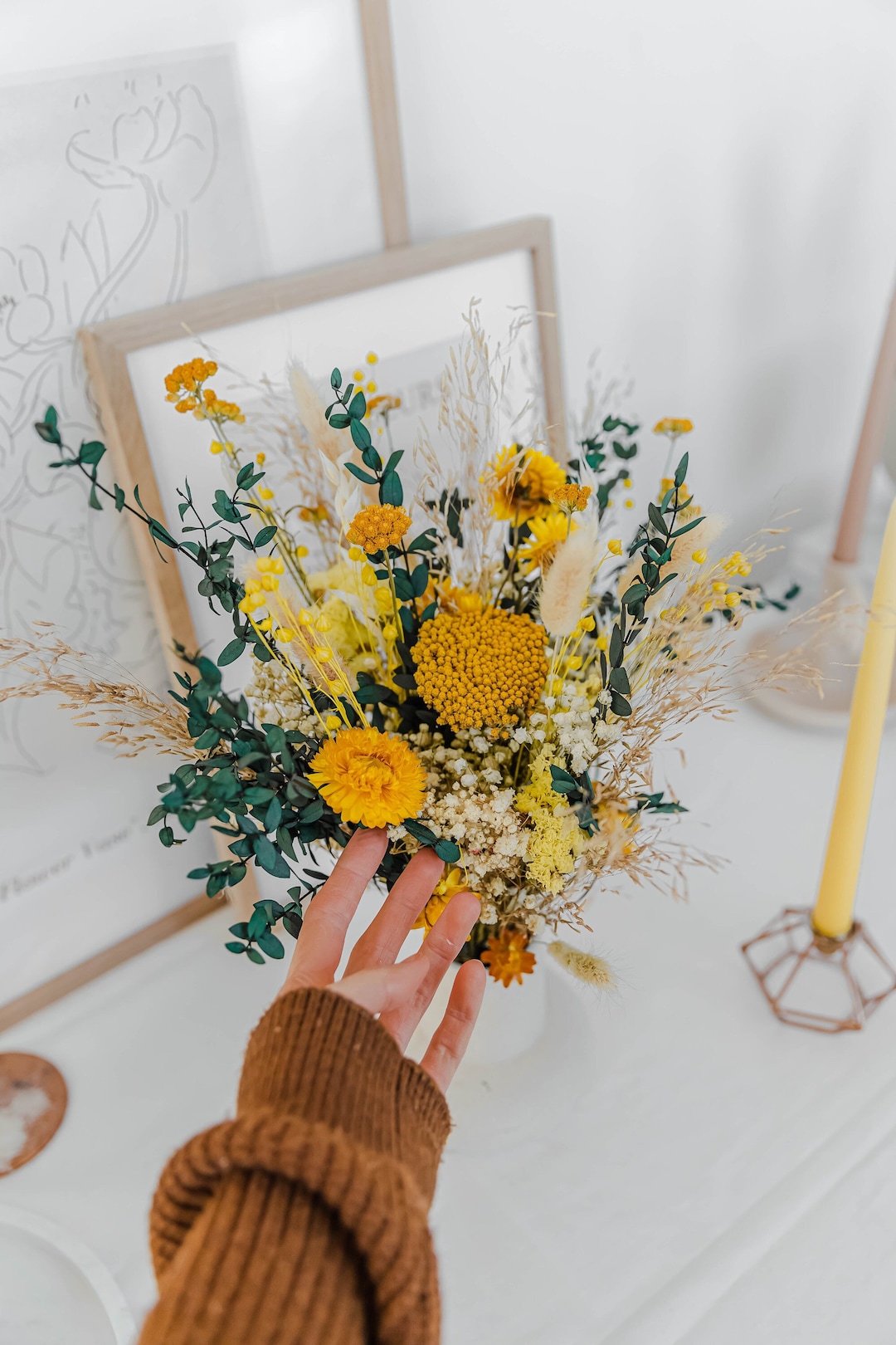 Yarrow and Eucalyptus Bridal Bouquet Yellow / Dried Grasses Crown ...