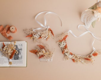 Natürliche Schleierkraut & gebrannte Orange Haarkrone Hochzeit Boho Set / Hochzeit Trockenblumen