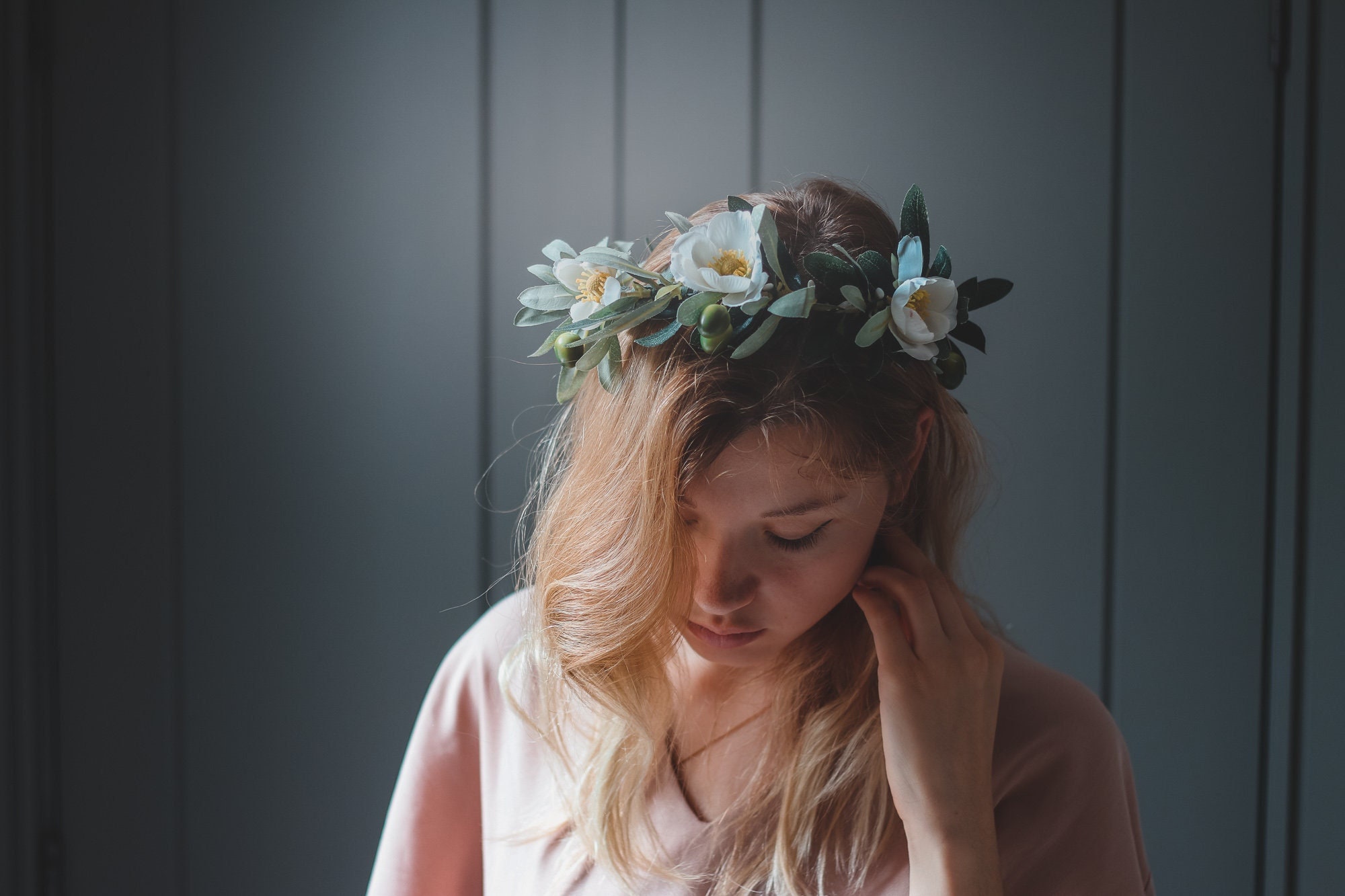 Minerva Crown in Natural Preserved Olive Leaf Flowers for Bridal Hairstyle  and Poetic Bridesmaids 