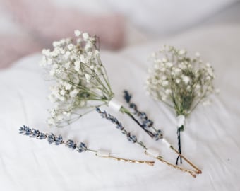 Baby's Breath Bridal Hair Pin Set, Lavender Hair Pins, Dried flowers Hair pins, Dried Flowers Hair accessory, Boho weddings, Natural Bride