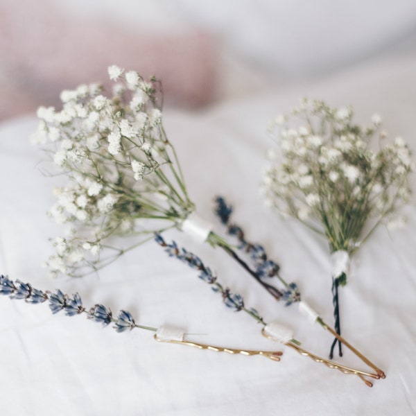 Baby's Breath Bridal Hair Pin Set, Lavender Hair Pins, Dried flowers Hair pins, Dried Flowers Hair accessory, Boho weddings, Natural Bride