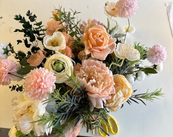Colourful dried & artificial flowers bridal bouquet - eucalyptus green  peach