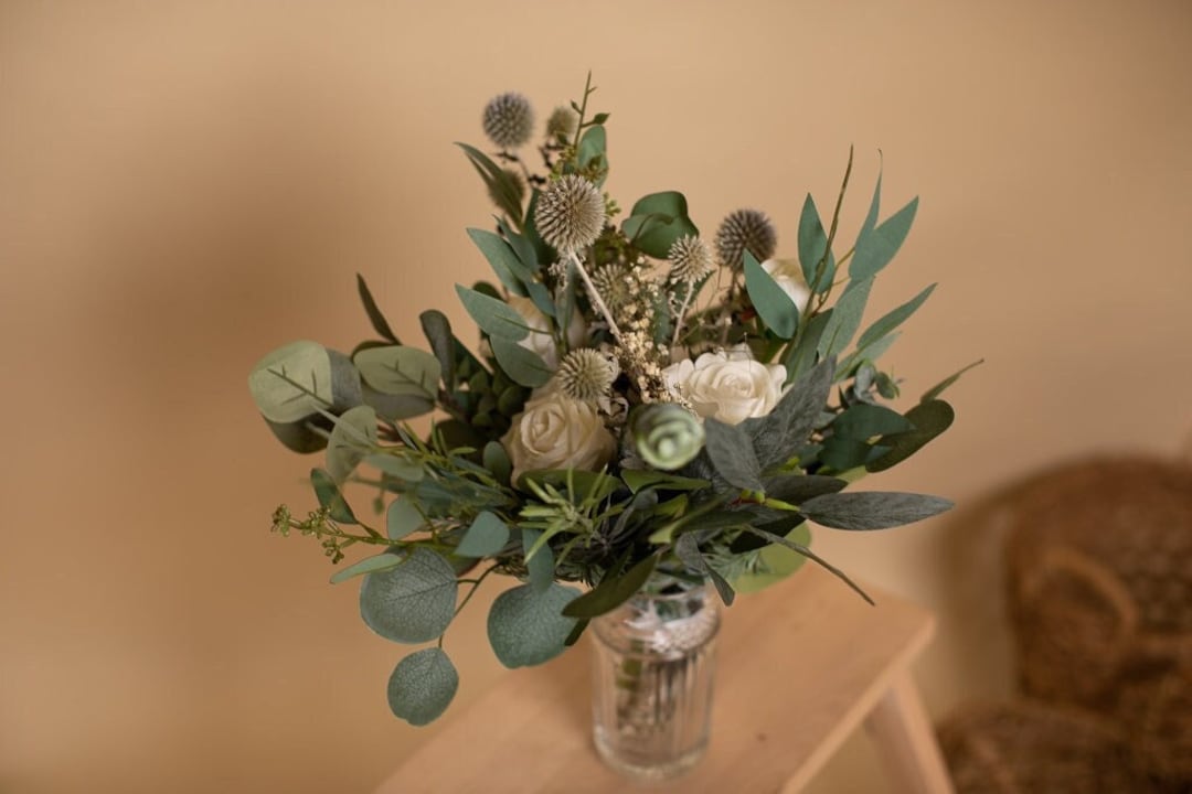 Dried & Artificial Flowers Bridal Bouquet Forest Green White - Etsy