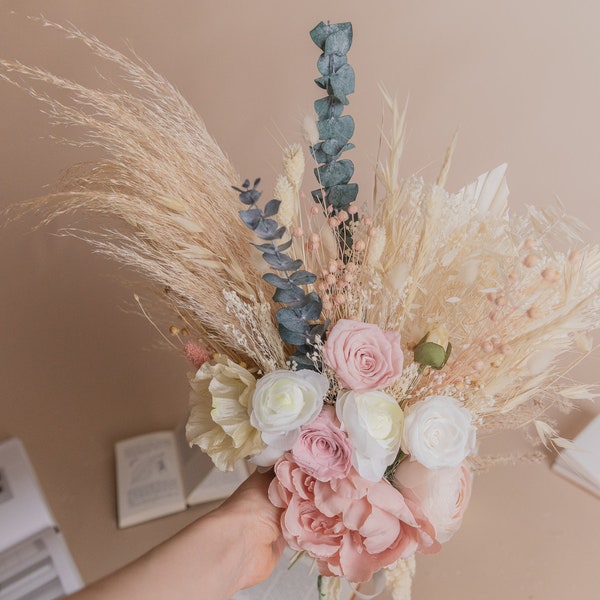 Eternal Real Roses & Silk Peony Pampas Grass and Greenery Bouquet / Boho Bridal Bouquet