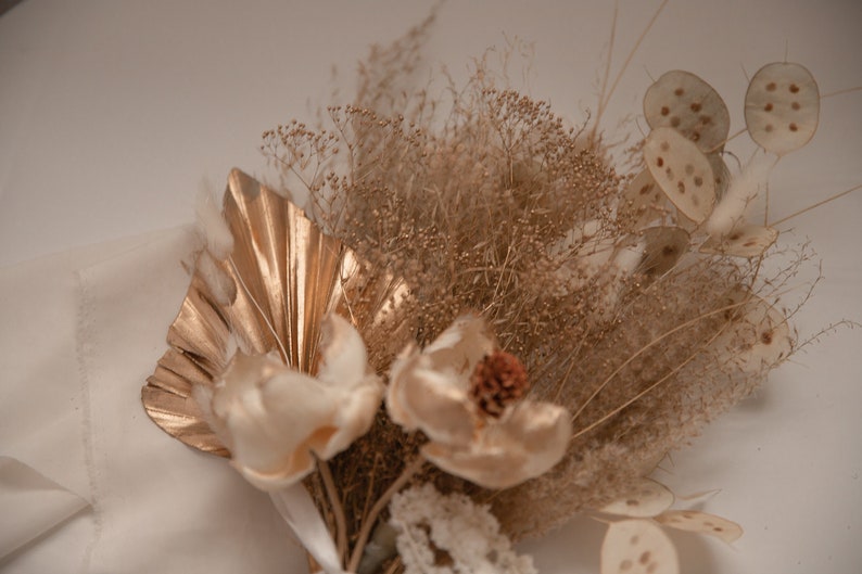 Gold baby's breath & gold palm spear wedding decoration centerpiece / sola anemone flower preserved amaranthus image 5