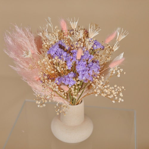 Dried palm spear & pastel wildflower boho bouquet / pink and purple bridal bouquet